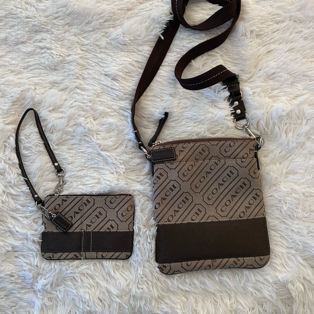 Coach Brown NWOT Lozenge Crossbody and matching wristlet